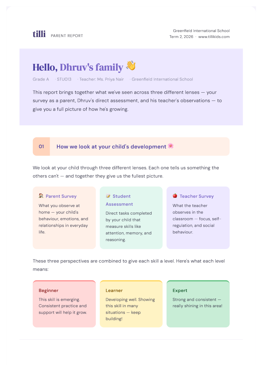 Tilli parent report — cover page