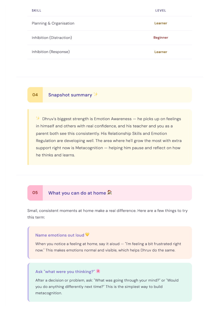 Tilli parent report — what to do at home